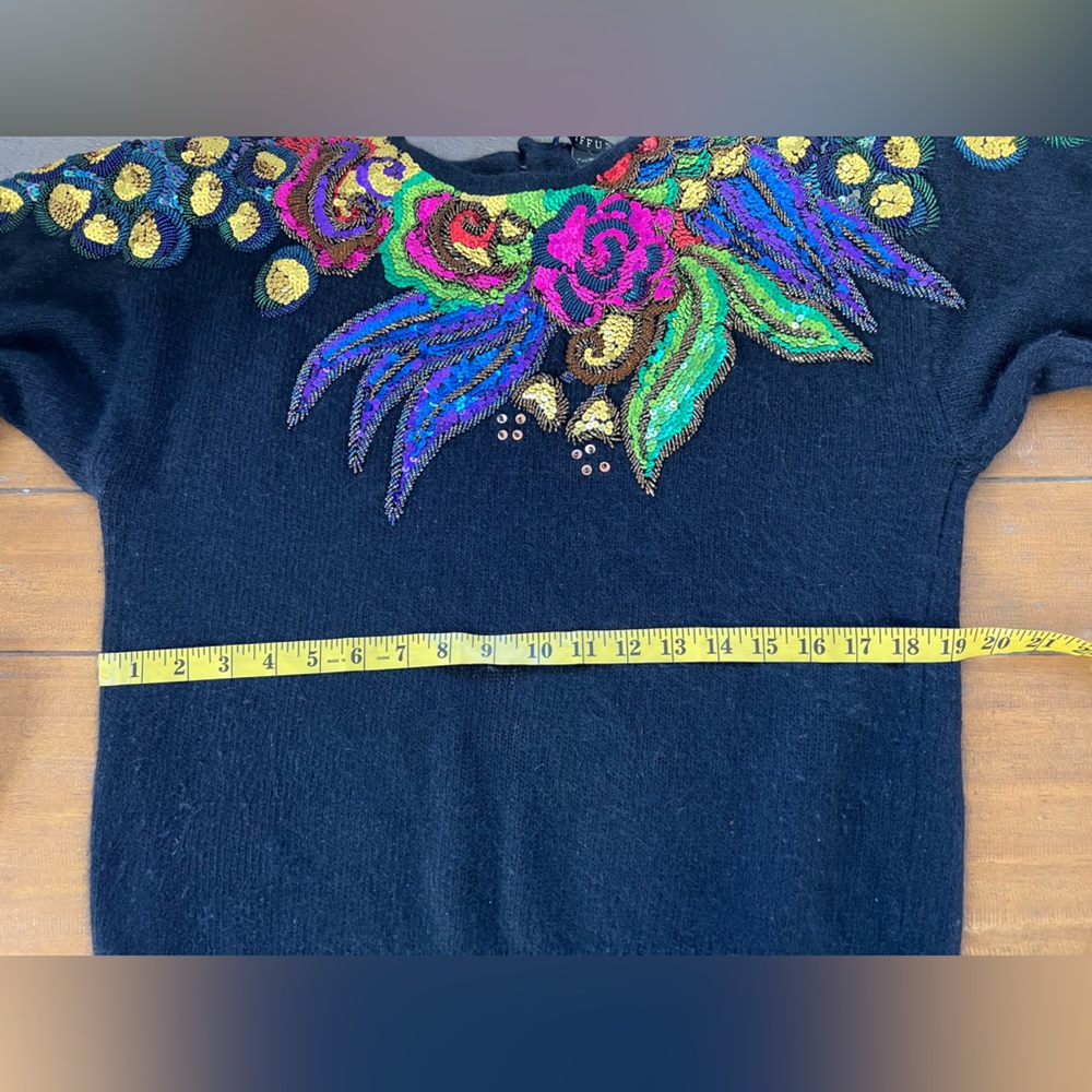 I.B. Diffusion Floral Sequined Silk Angora Sweater Black Fuzzy Vintage 90’s - Picture 14 of 15